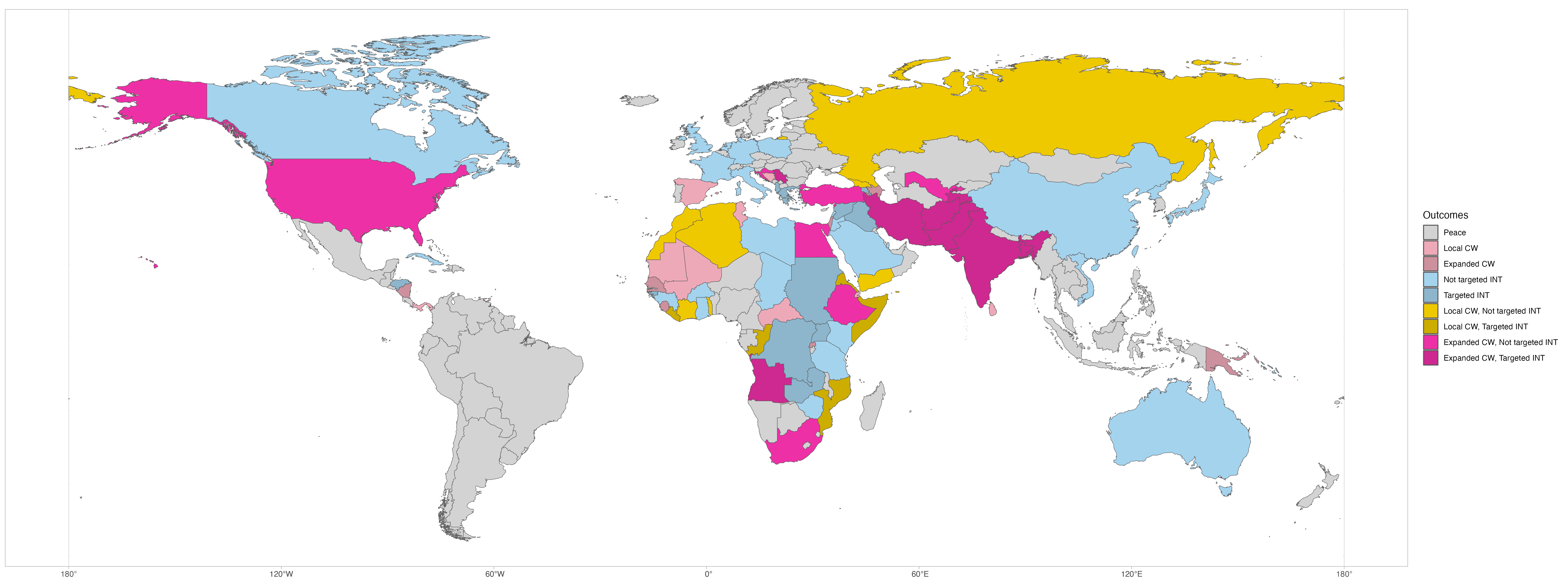 Map of civil wars, interventions, interveners, and expansion events from dissertation data.